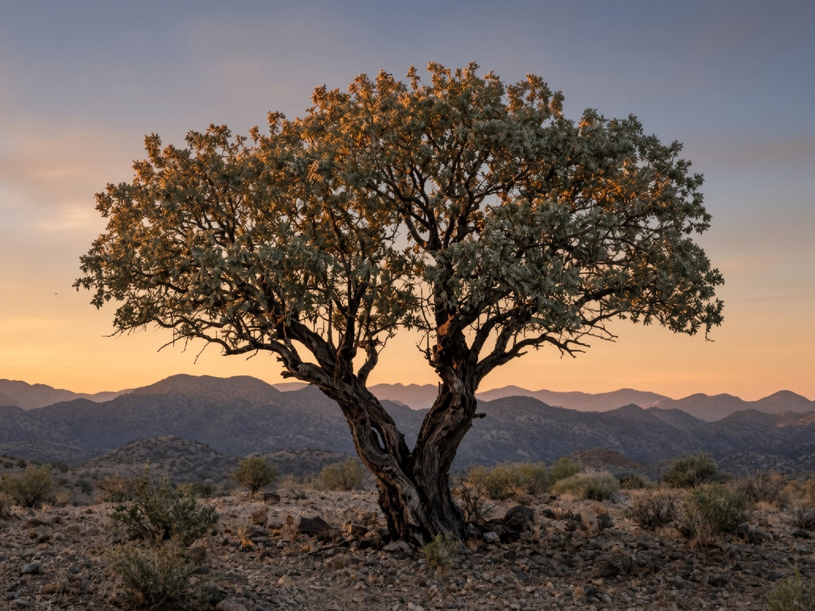 A short desert ironwood with a single gnarled trunk and a rounded canopy at sunset.