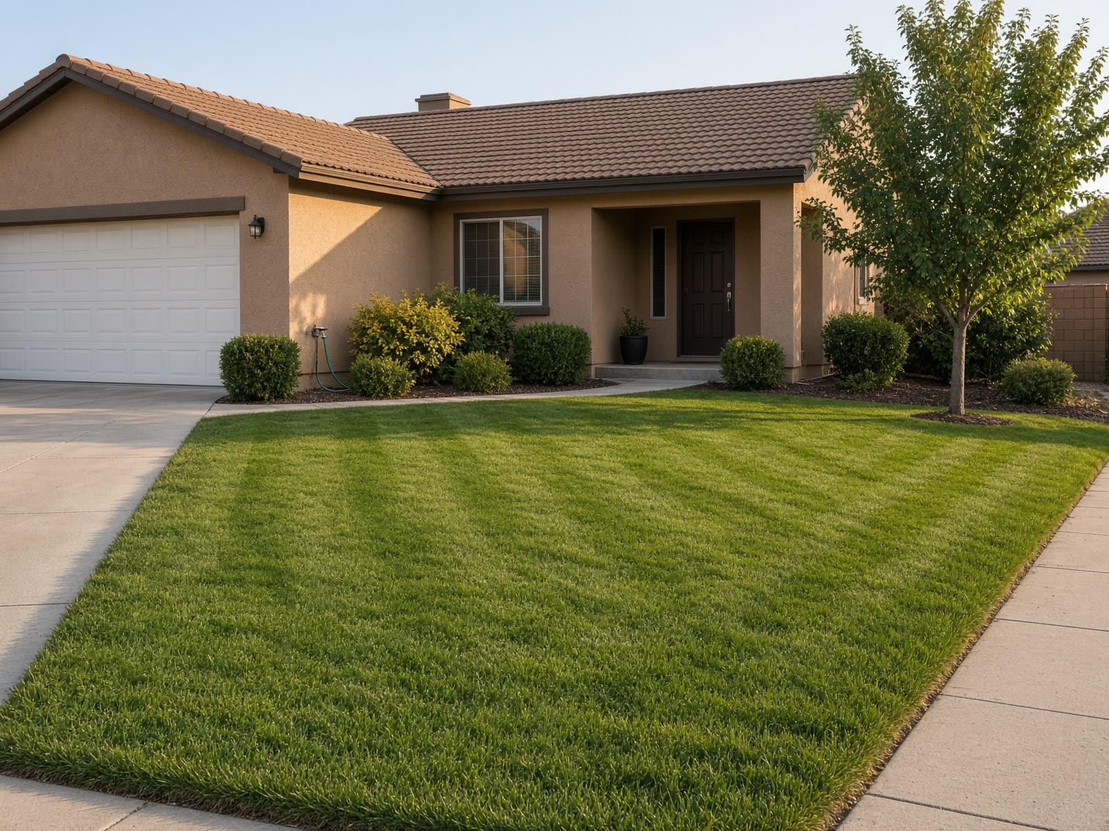 A freshly mowed suburban front lawn.