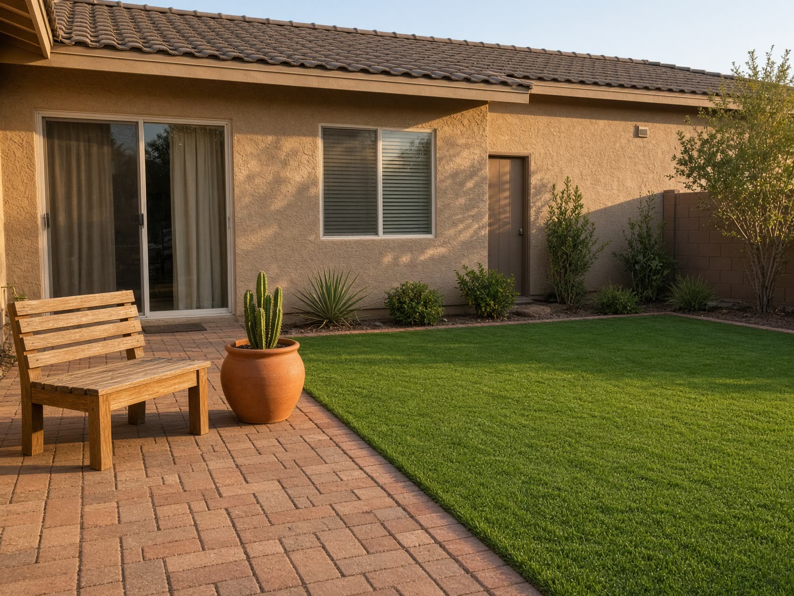 A small backyard patio of clay pavers beside a rectangle of green turf.